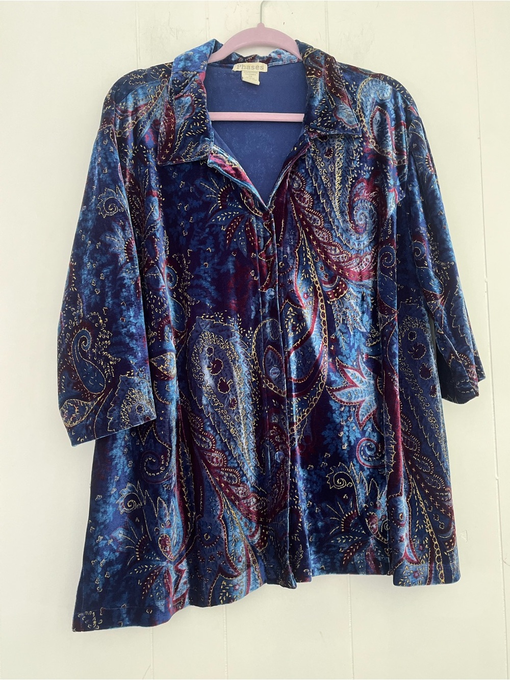 Phases Vintage Blue Paisley Velvet Button-Front Women's Top Size 2X